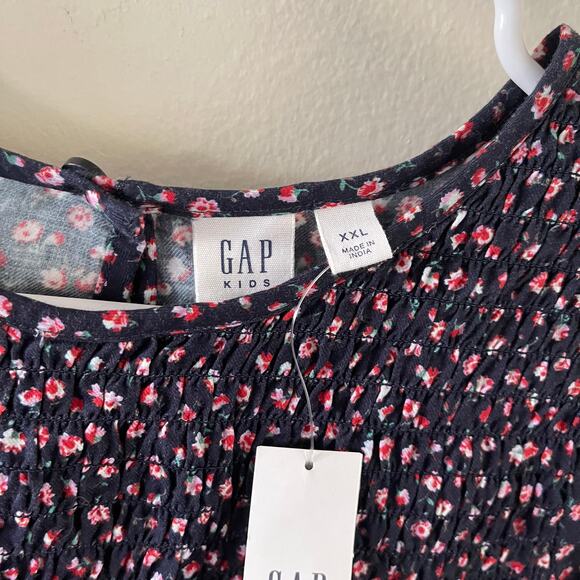 Gap Kids XXL Girls Smocked Dress Navy Blue Floral Boho Cottagecore Prairie Basic - Picture 3 of 6